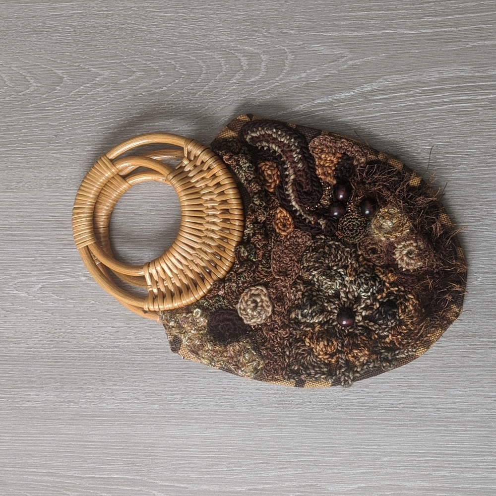 Rattan Wicker Handle Handbag Purse Oval Mixed Media Crochet Beaded Natural tones